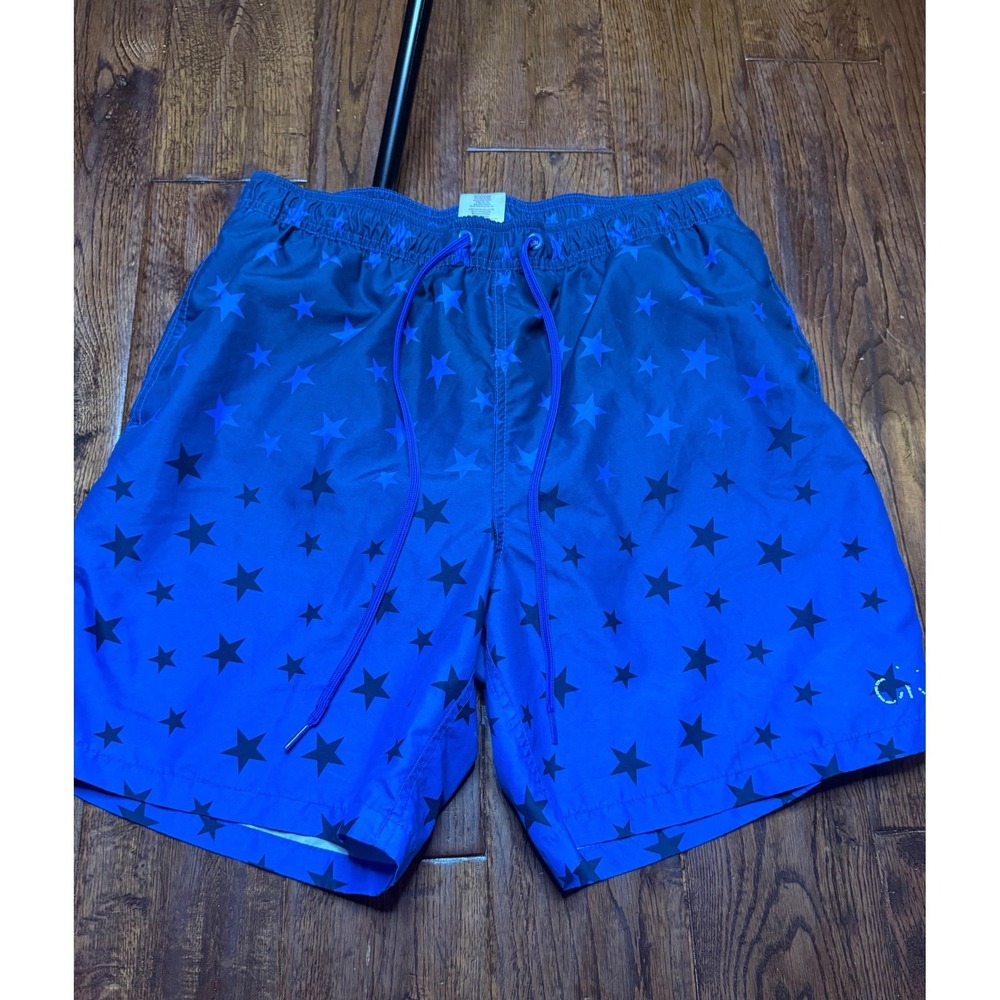 Calvin Klein Mens Blue Star Print Swim Trunks Gradient Board Shorts Drawstring